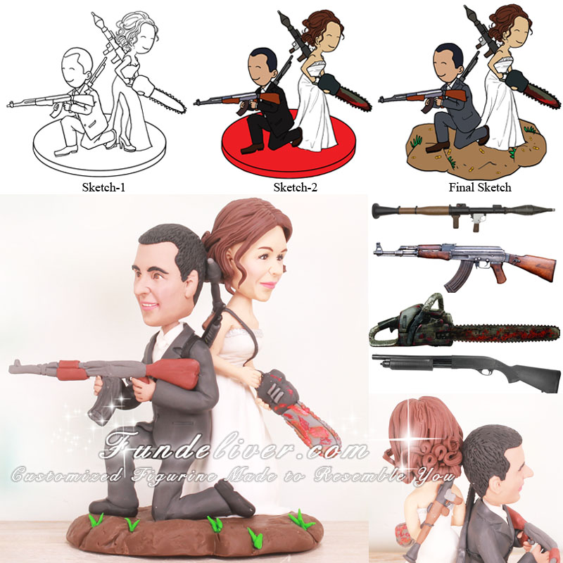 Bride and Groom Holding Weapons zombies Fighting Cake Toppers